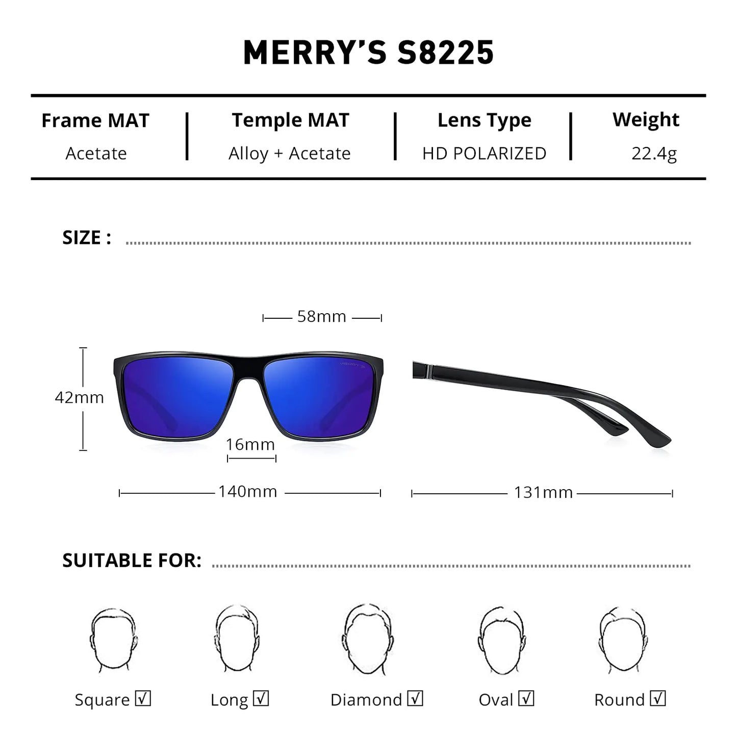 MERRY'S Rectangular Polarized Sports Sunglasses for Men Women Cycling Driving Fishing UV400 Protection S8225 Black Frame/Gray Metal/Dark Blue Mirror Lens 58 Millimeters