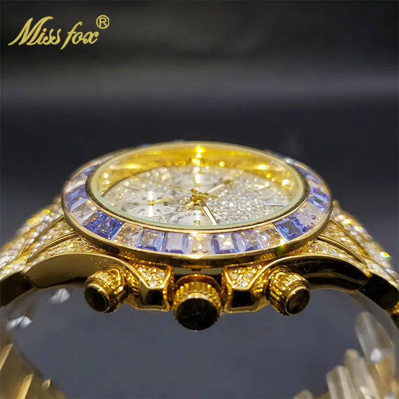 Luxury Gold Men's Watch Waterproof Stainless Steel Iced Bracelet