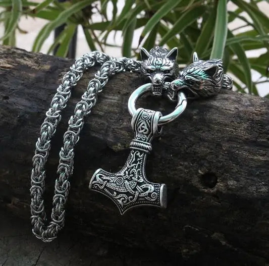 Viking Wolf Head With Thor's Hammer Steel Necklace