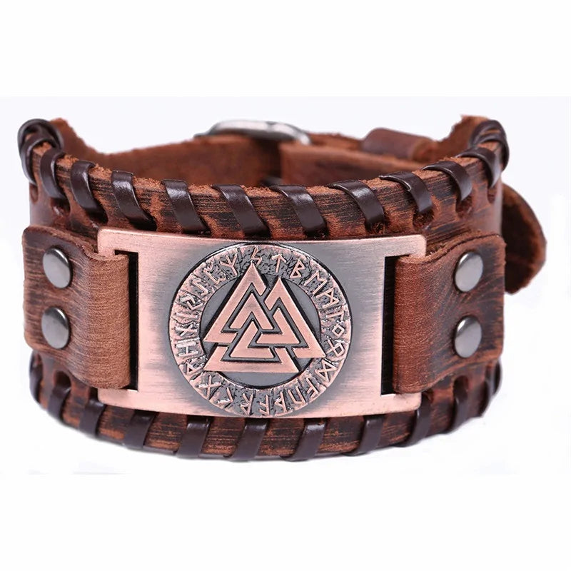 Viking Valknut Amulet Leather Bracelet