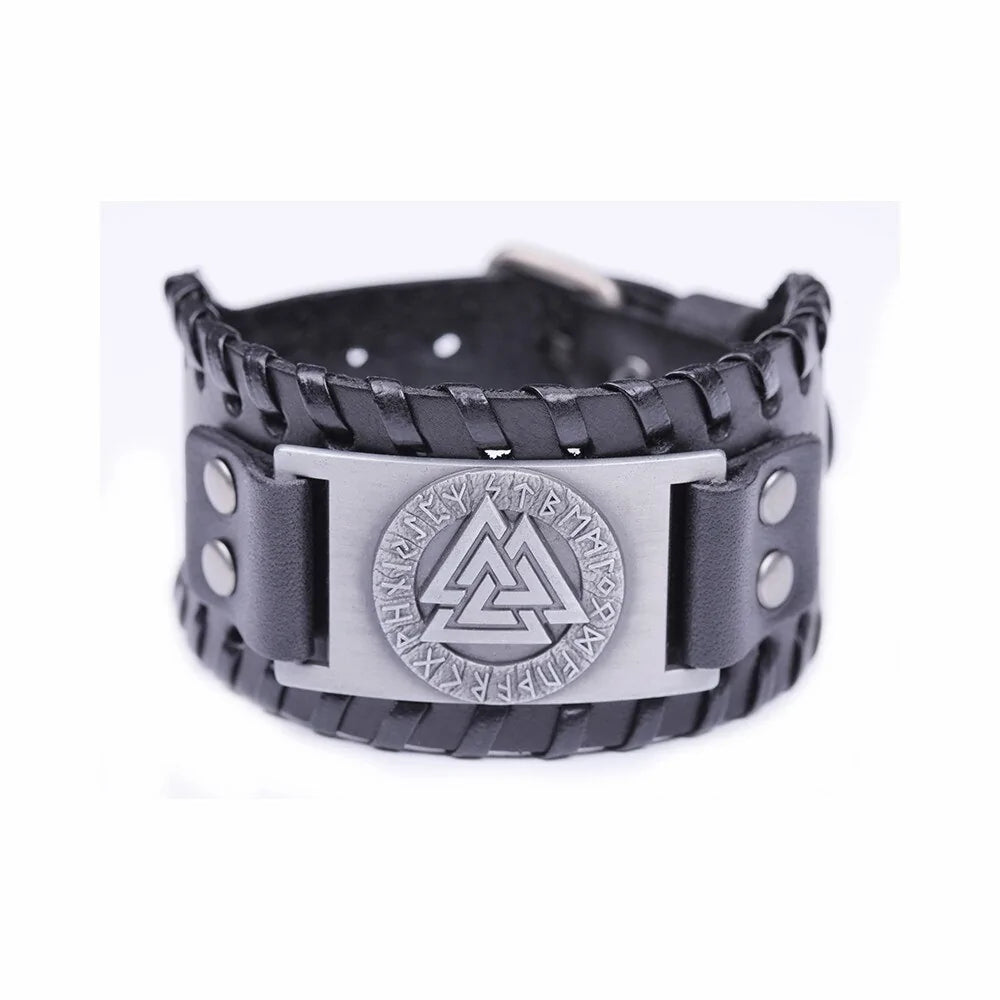 Viking Valknut Amulet Leather Bracelet